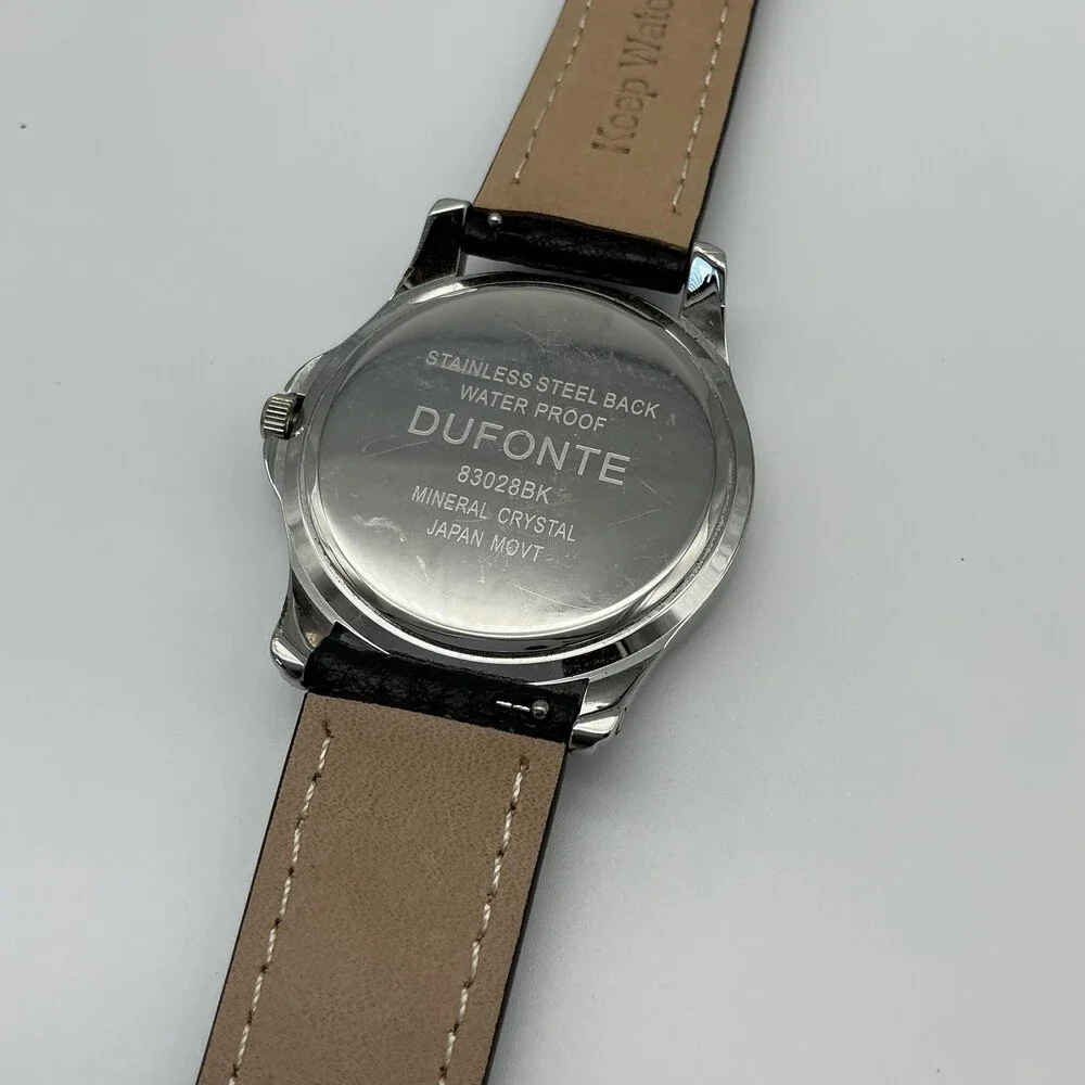Dufonte 83028BK Mens Watch 39mm Black Dial Silver Tone Leather New Battery